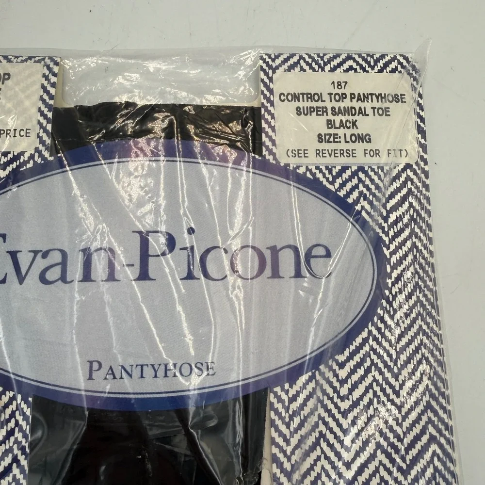 Evan-Picone Vintage Control Top Pantyhose Black Super Sandal Toe Size Long USA